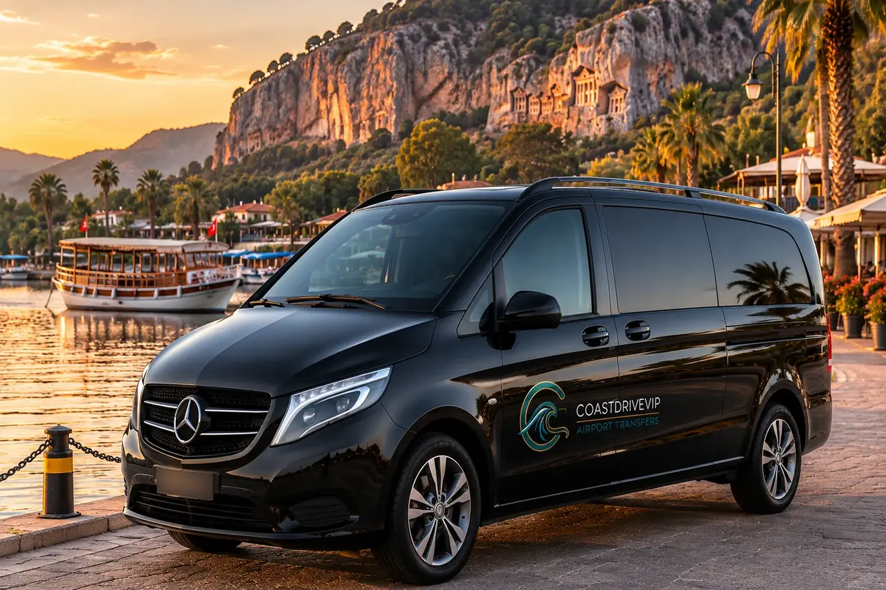 Black Mercedes Vito by Dalyan waterfront at sunset